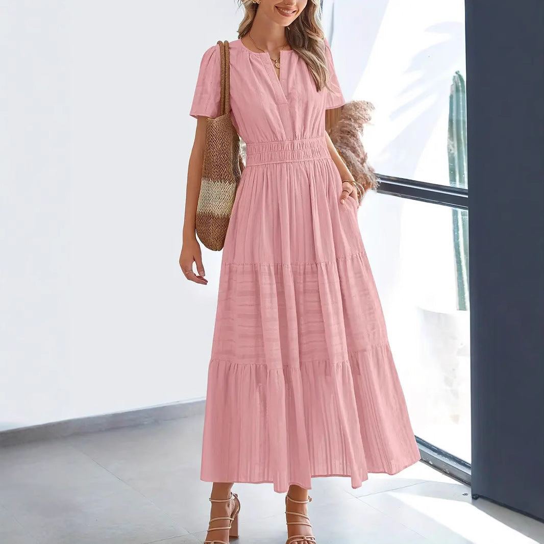 Robe longue femme – Col en V – Manches bouffantes – Taille froncée – Coupe évasée