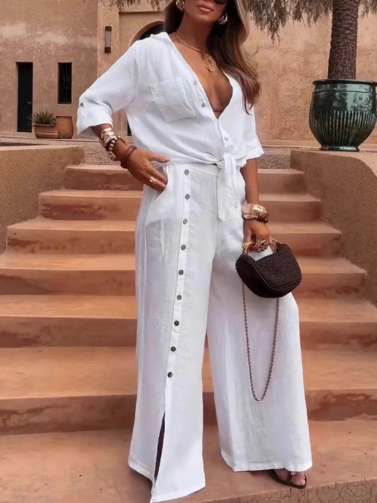 Ensemble Femme – Pantalon Large – Lin Coton – Taille Ceinturée – Boutons Asymétriques