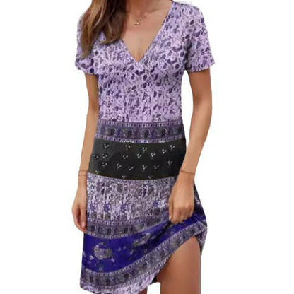Robe femme manches courtes – Coupe décontractée – Col V profond – Style patchwork boho