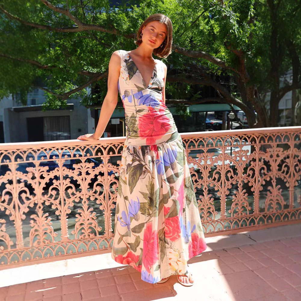 Robe longue femme – Coupe ajustée – Bretelles fines – Décolleté plongeant – Imprimé floral