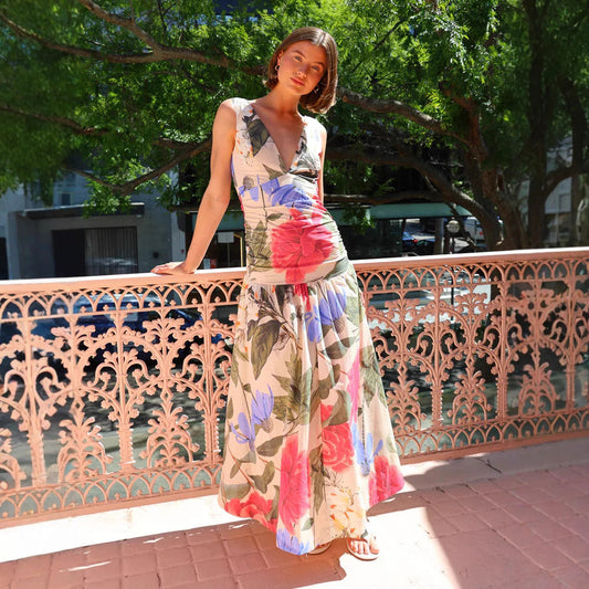 Robe longue femme – Coupe ajustée – Bretelles fines – Décolleté plongeant – Imprimé floral