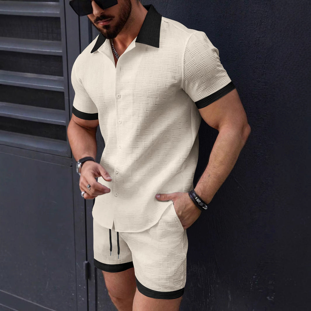 Men's Shirt and Shorts Set – Relaxed Fit – Jacquard Fabric – Turn-Down Collar