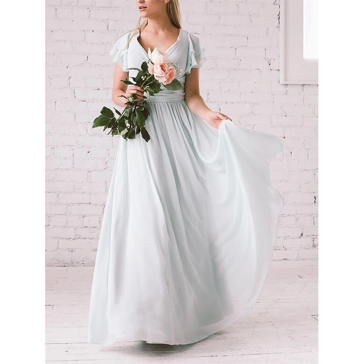 Robe longue femme – Tissu fluide – Décolleté cache-cœur – Manches volantées