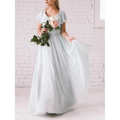 Robe longue femme – Tissu fluide – Décolleté cache-cœur – Manches volantées