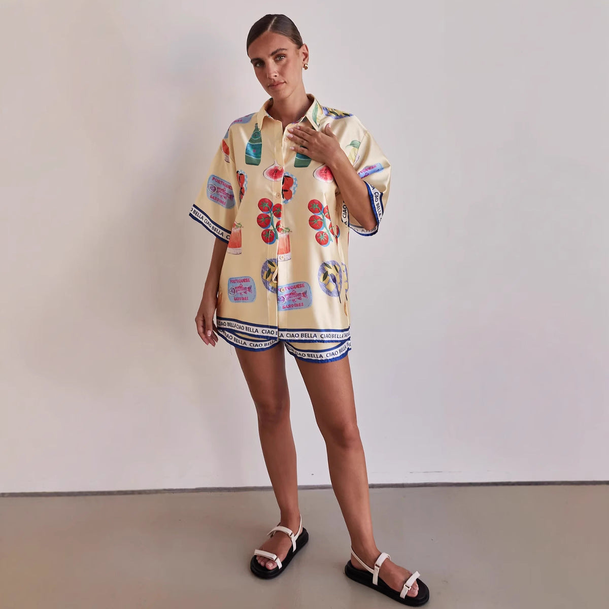 Ensemble loungewear femme – Coupe décontractée – Chemise et short à cordon