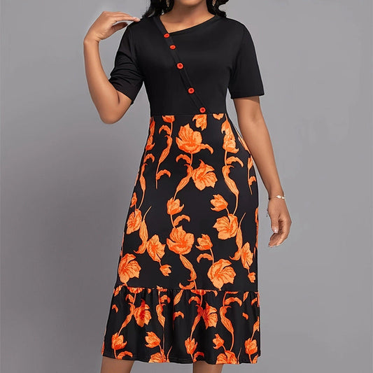 Robe femme midi – Coupe évasée – Imprimé fleuri – Manches courtes – Boutons décoratifs