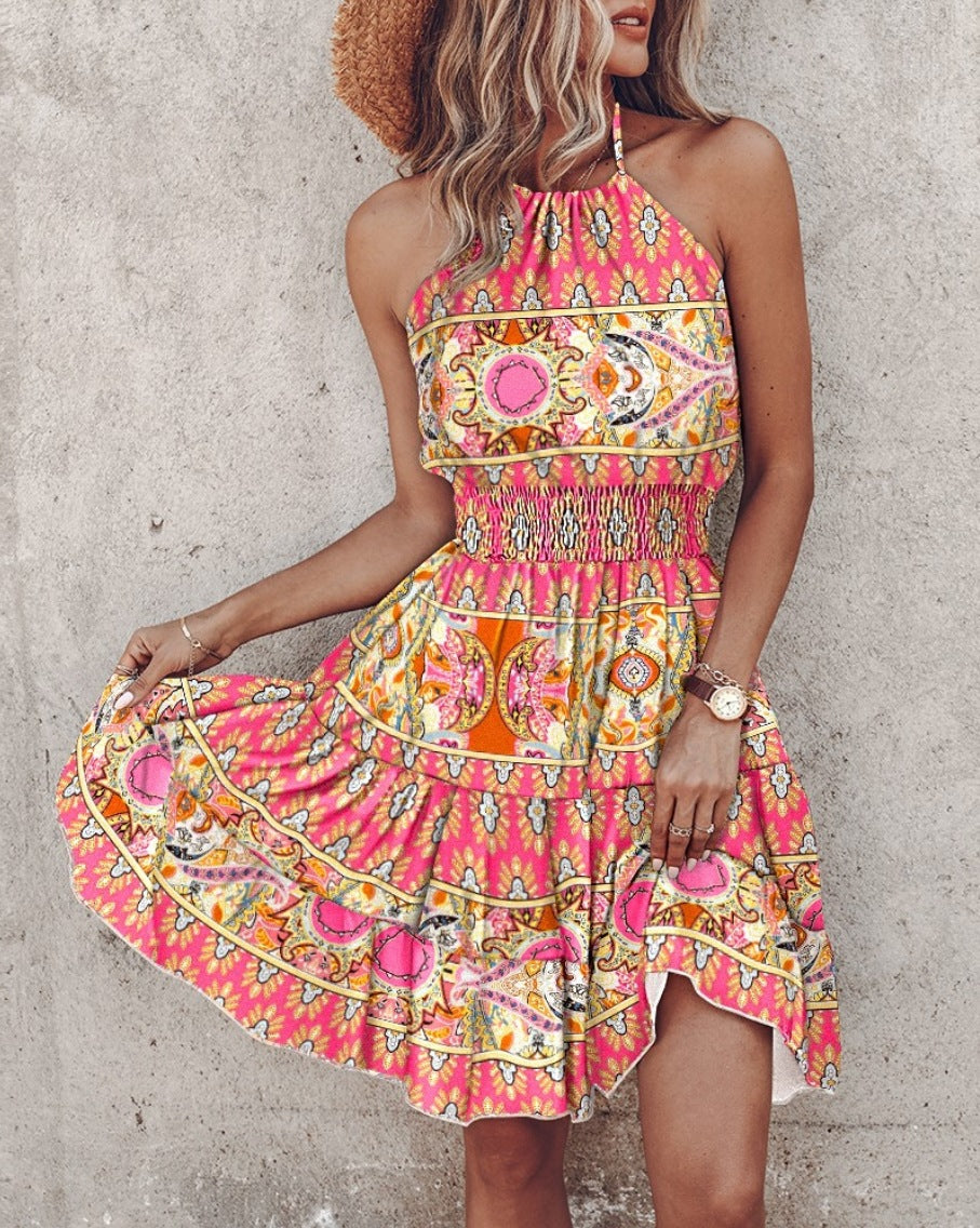 Robe femme halter – Coupe fluide – Coton mélangé – Taille smockée – Longueur midi
