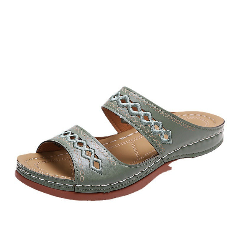 Sandales compensées femme – Design rétro ajouré – Bout ouvert – Enfilage facile