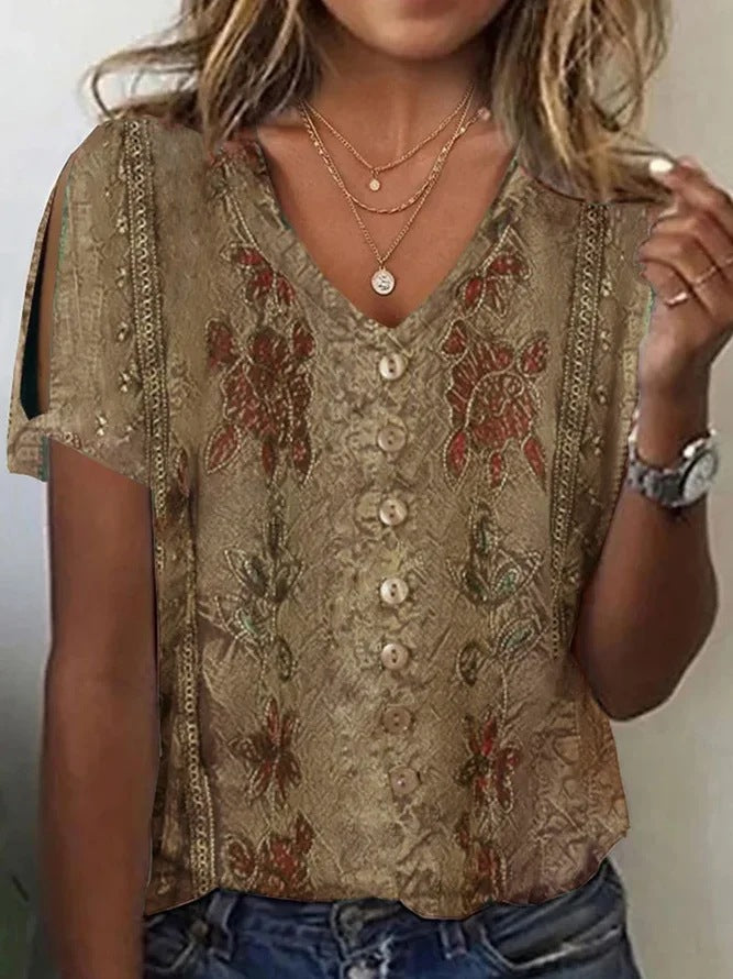 Blouse femme – Coupe décontractée – Tissu respirant – Col V – Broderie bohème