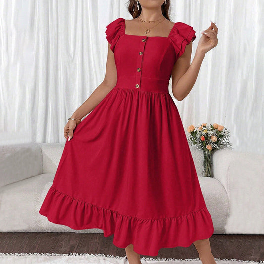 Robe midi femme – Coupe évasée – Manches à volants – Boutonnage devant – Col carré