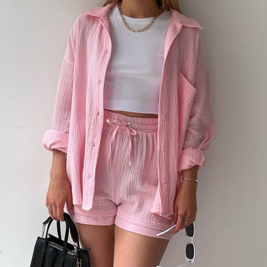 Ensemble short femme – Coupe décontractée – Chemise froissée – Taille haute avec cordon de serrage