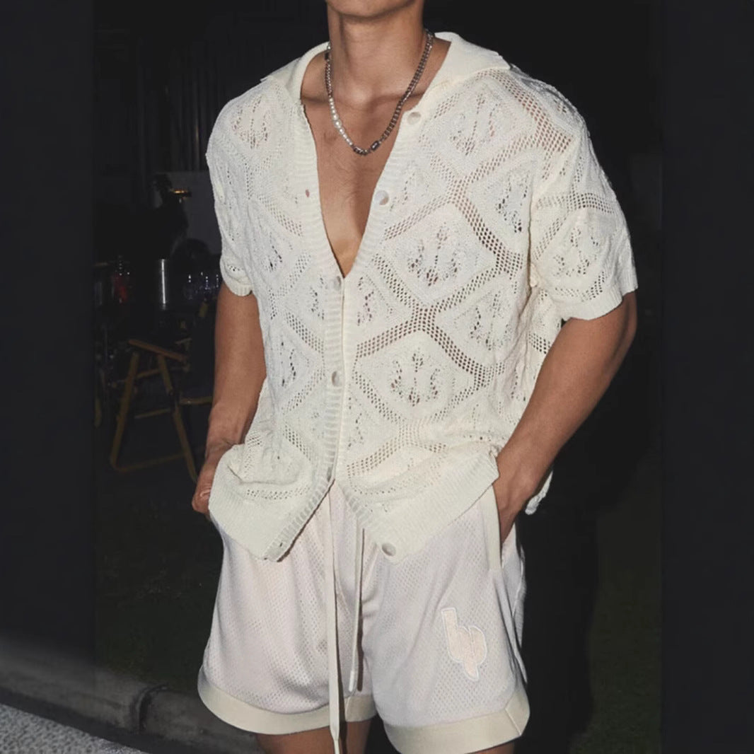 Men's cardigan – Oversized fit – Breathable open-knit – Short sleeve – V-neck