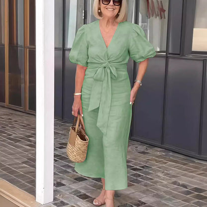 Robe midi femme – Coupe décontractée – Fibres naturelles – Manches bouffantes – Ceinture nouée – Décolleté en V