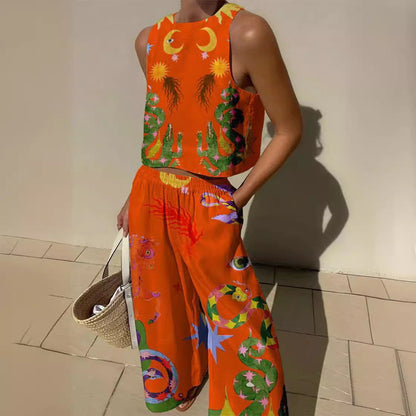 Top court sans manches femme – Coton léger – Coupe ample – Motifs artistiques bolds