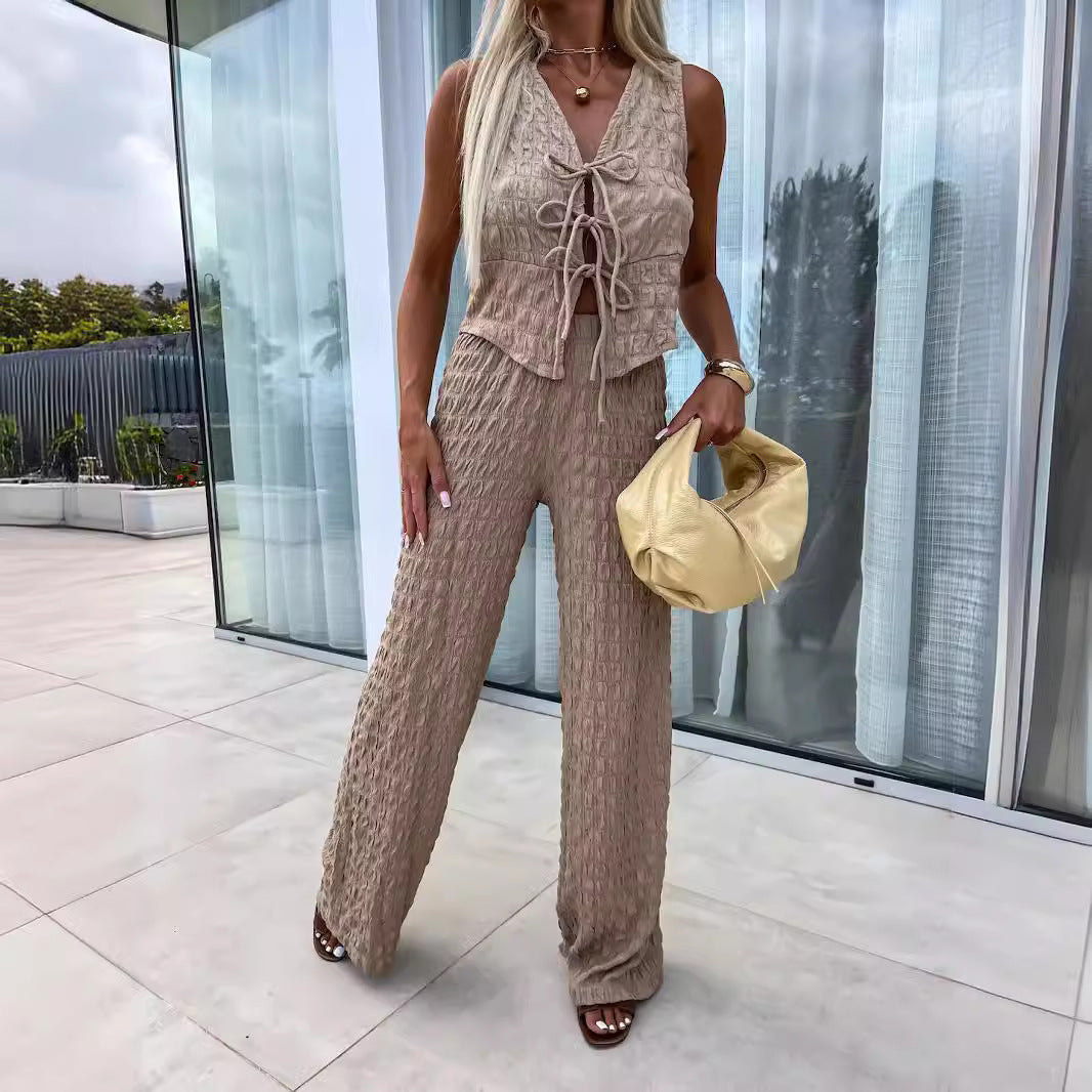 Women's Set Sleeveless Top and Pants – Tied V-Neck – Crinkled Fabric Straight Cut