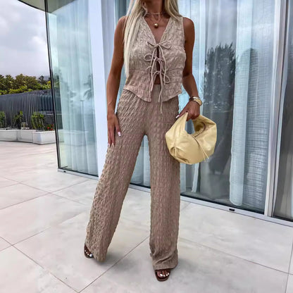 Women's Set Sleeveless Top and Pants – Tied V-Neck – Crinkled Fabric Straight Cut