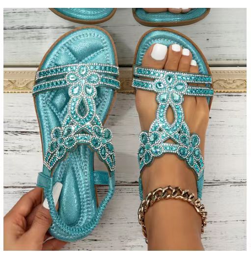 Sandales plates femme – Bout ouvert – Strass floraux – Bride arrière – Découpes élégantes