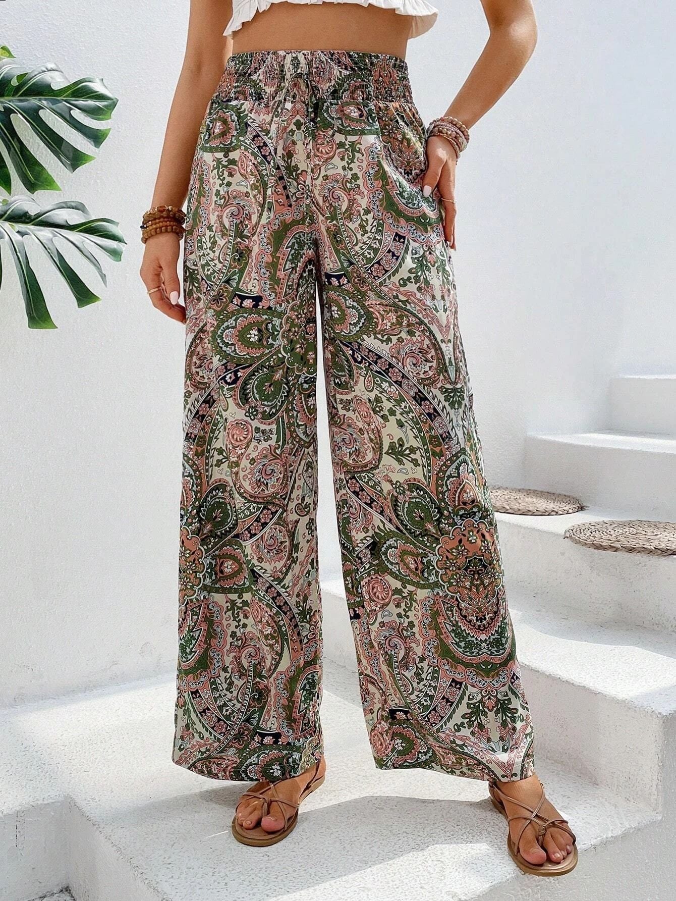 Pantalon Femme Large – Taille Élastique – Tissu Respirant – Motif Bohème