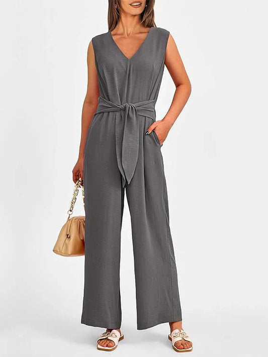 Combinaison femme – Coupe ample – Sans manches – Décolleté en V – Ceinture à nouer