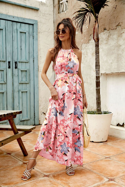 Robe longue femme – Coupe fluide – Col halter – Jupe à volants – Taille ajustable