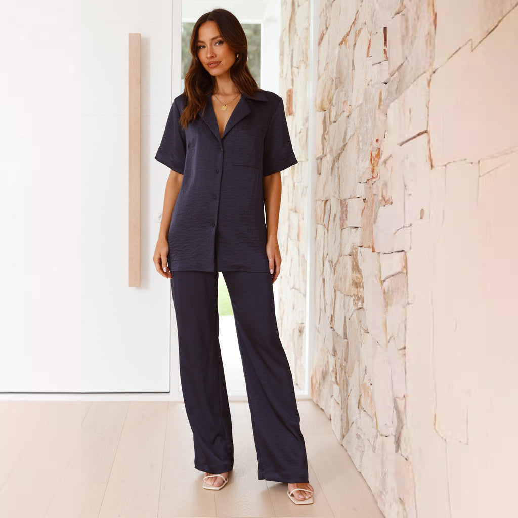 Women's Pyjama – Satin Set – Relaxed Fit – Buttoned Short-Sleeve Top – Long Pants