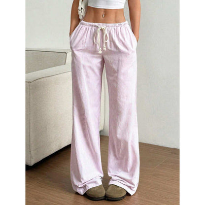 Pantalon large femme – Coupe décontractée – Coton – Taille élastique avec poches