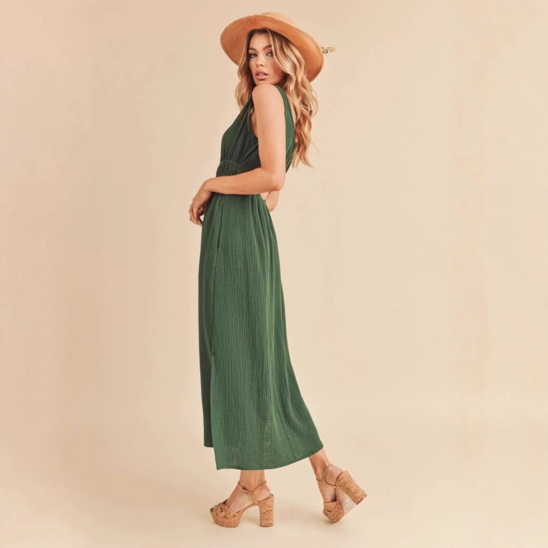 Robe femme sans manches – Coupe évasée – Tissu respirant – Longueur midi – Poches pratiques