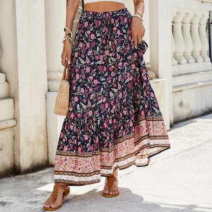 Jupe longue femme – Coupe fluide – Style bohème à volants – Imprimé floral – Fibres naturelles