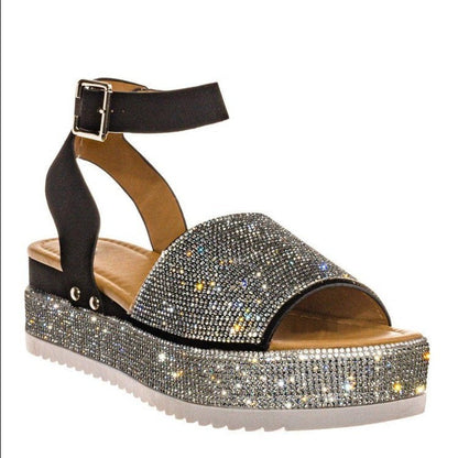 Sandales plateforme femme – Bout ouvert – Strass brillant – Bride à boucle – Semelle épaisse