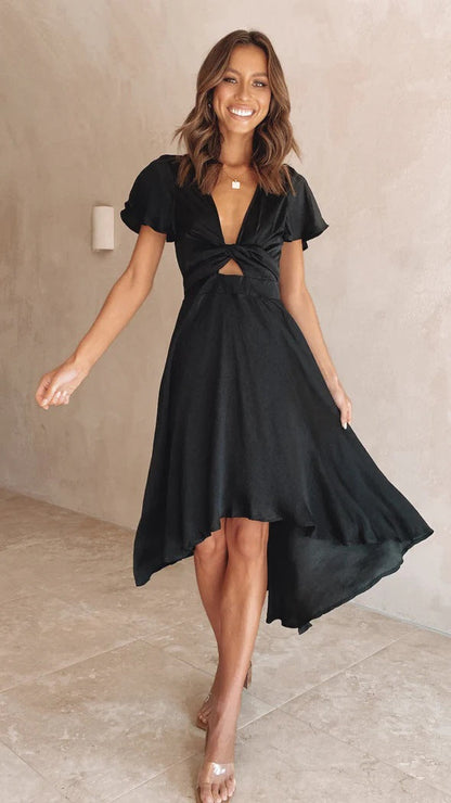 Robe midi femme – Col en V – Manches papillon – Taille à nouer – Ourlet asymétrique