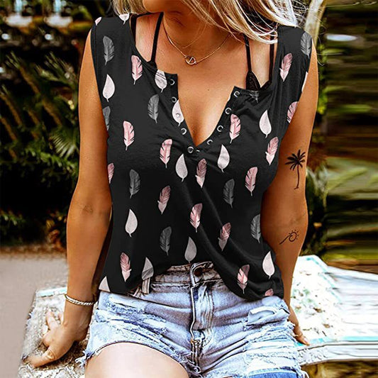 T-shirt sans manches femme – Coupe décontractée – Tissu respirant – Col V boutonné – Motif plumes