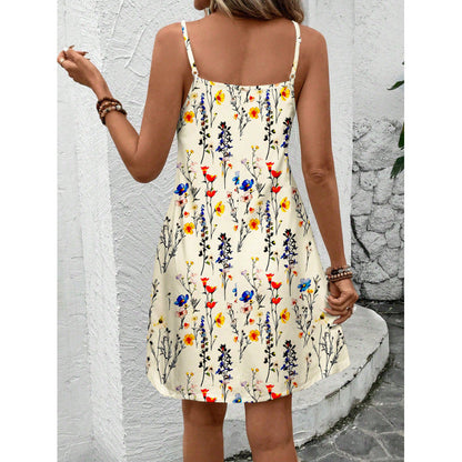 Robe femme – Coupe trapèze fluide – Bretelles réglables – Motif fleuri – Coton léger
