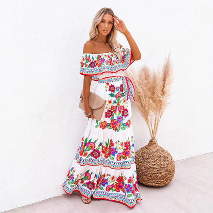Robe longue femme – Épaules dénudées – Imprimé fleuri – Ceinture taille ajustable