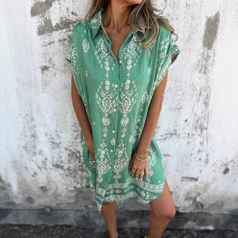 Robe Chemise Femme – Coupe Ample – Fibres Naturelles – Motif Bohème – Mini