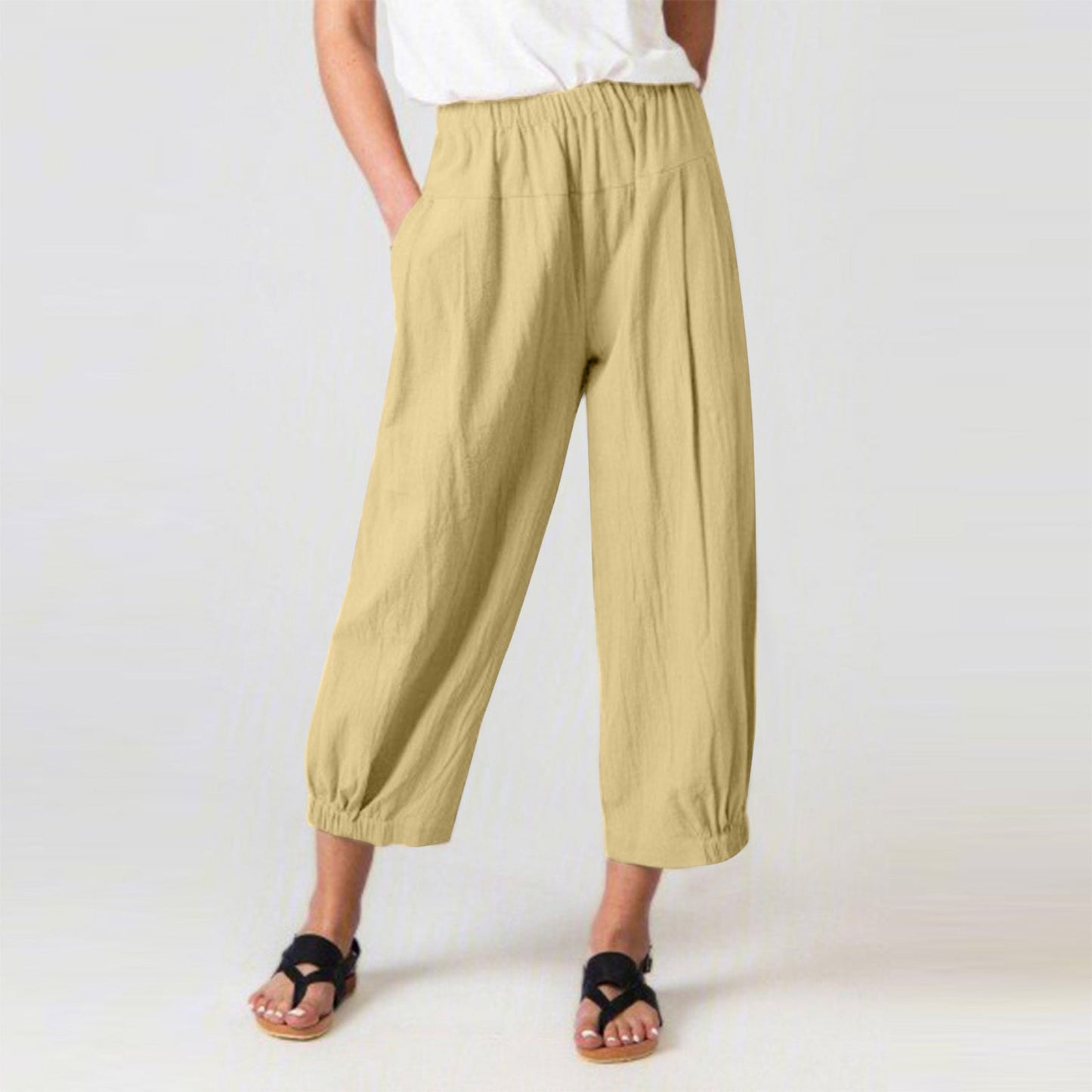 Pantalon Harem Femme – Taille Haute Élastique – Coupe Ample Croppée