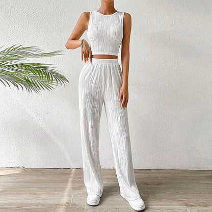 Ensemble femme deux pièces – Top court sans manches ajusté – Pantalon droit taille haute