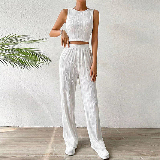 Ensemble femme deux pièces – Top court sans manches ajusté – Pantalon droit taille haute