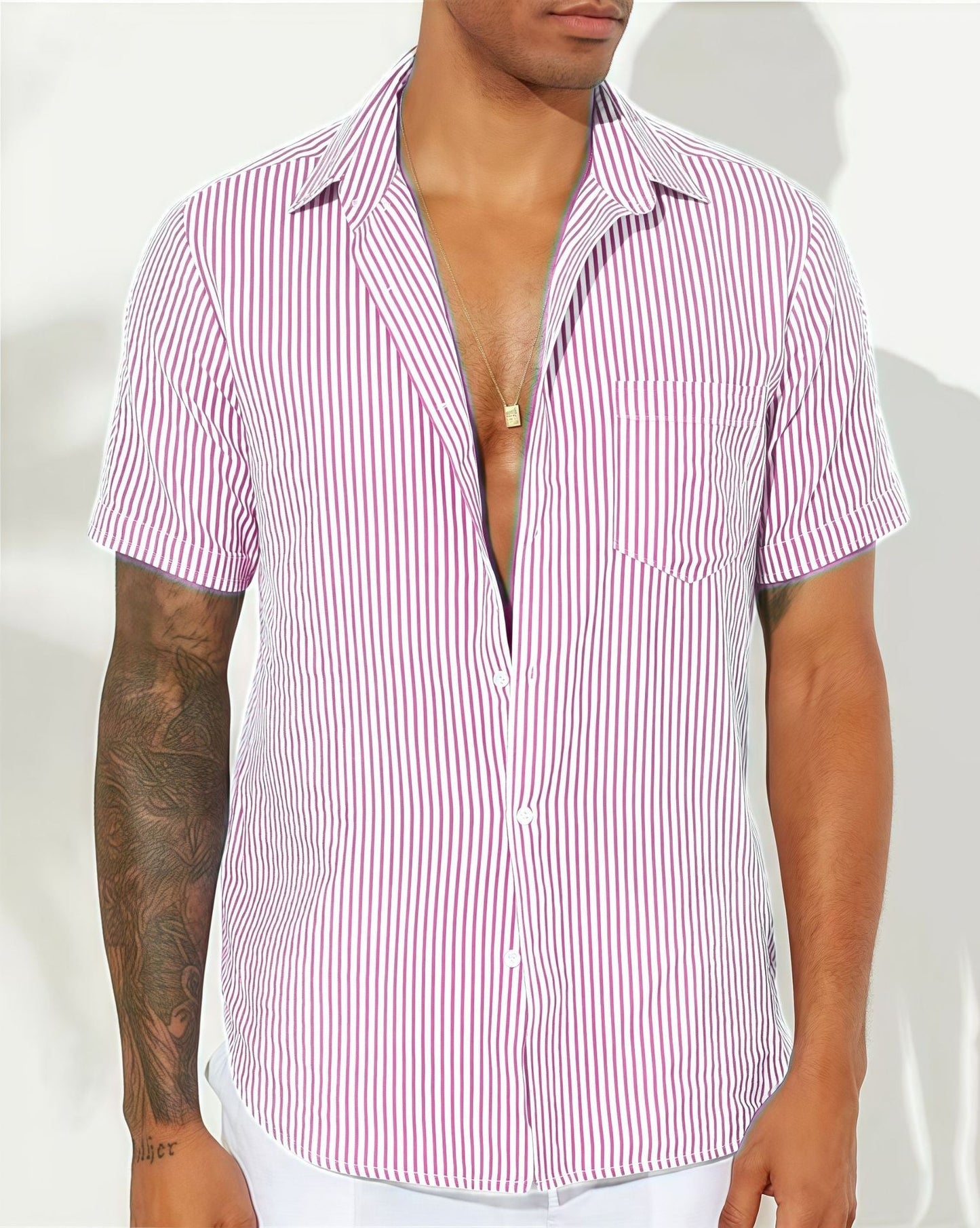 Men's short-sleeve shirt – Relaxed fit – Vertical stripes – Breathable fabric
