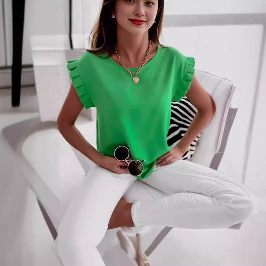 Blouse femme – Coupe ample – Manches volants – Tissu respirant – Col rond