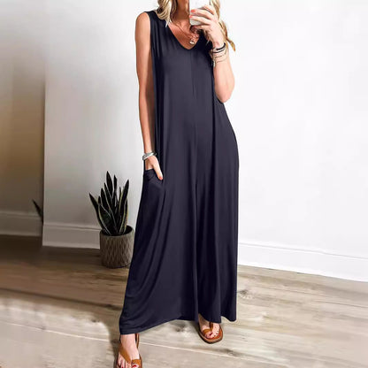 Robe longue femme – Coupe fluide – Débardeur – Encolure en V – Maille douce avec poches