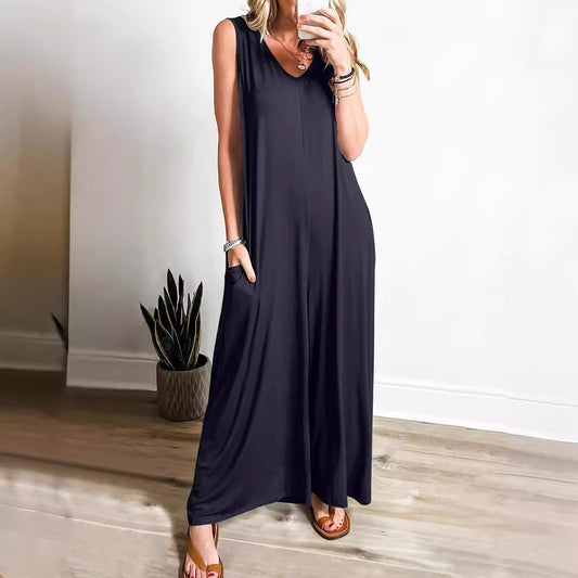Robe longue femme – Coupe fluide – Débardeur – Encolure en V – Maille douce avec poches