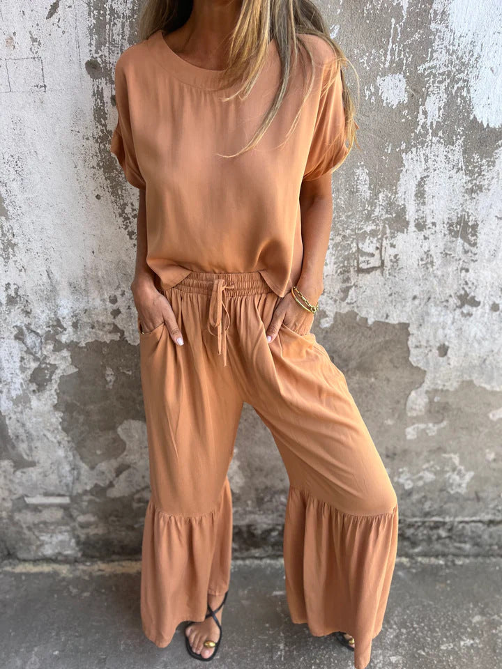 Ensemble Femme Deux Pièces – Lin et Coton – Coupe Décontractée – Manches Courtes