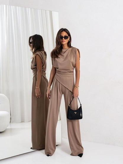 Women's Suit Pants Set – Draped Sleeveless Top – High Waist Wide Leg Pants