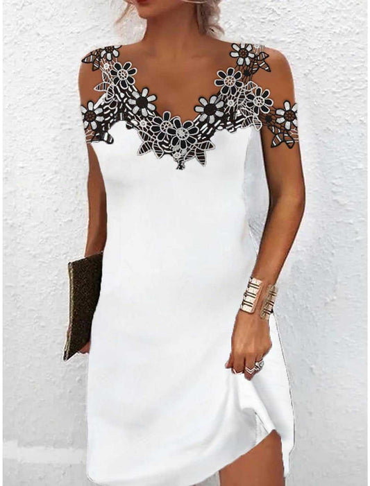 Mini robe pour femmes – Coupe ajustée – Dentelle brodée – Décolleté en V – Sans manches