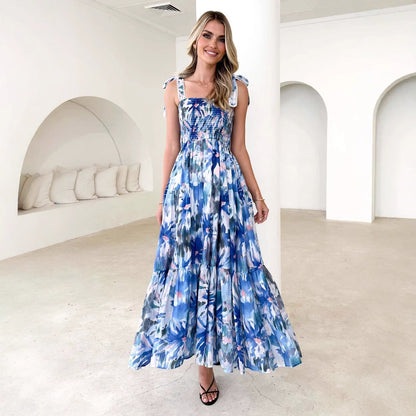 Robe longue femme – Bretelles réglables – Buste smocké – Jupe fluide à volants – Imprimé fleuri
