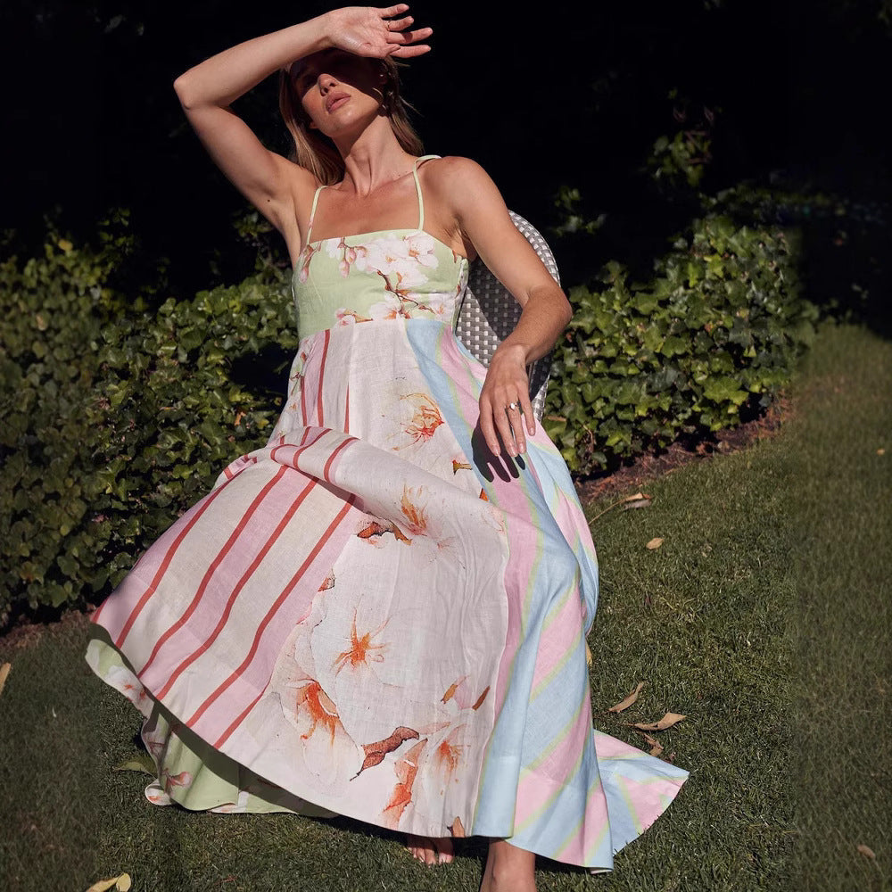 Robe femme maxi – Coupe fluide – Tissu respirant – Bretelles fines – Imprimé artistique