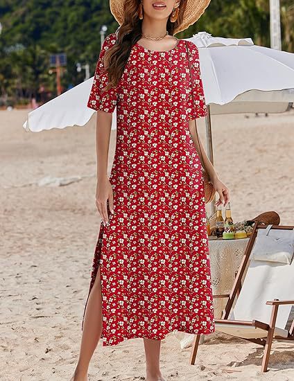 Robe maxi femme – Coupe ample – Imprimé fleuri bohème – Fentes latérales – Tissu respirant