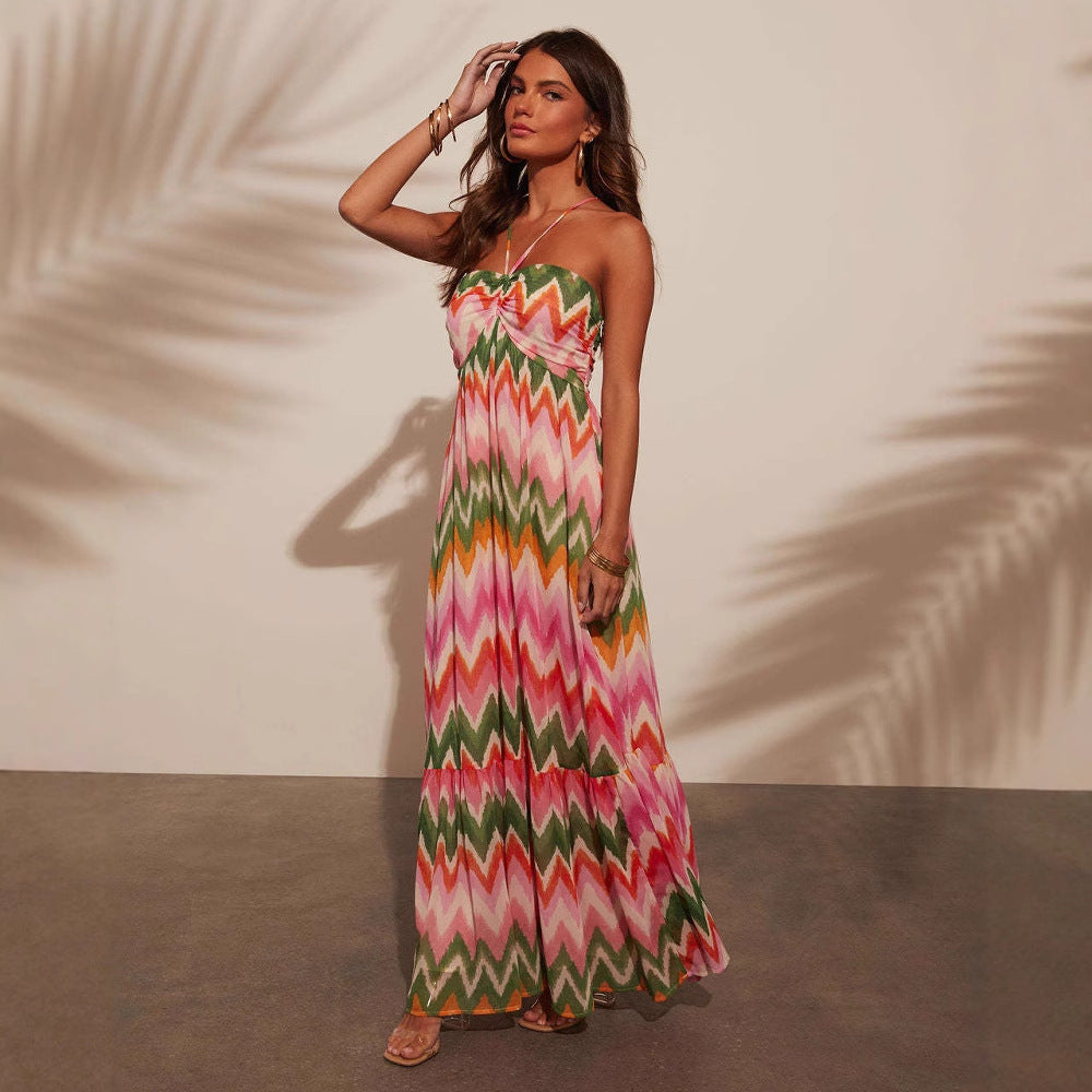 Robe longue femme – Col halter – Coupe fluide – Jupe évasée à volants – Tissu respirant
