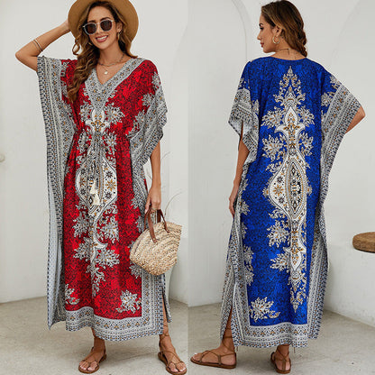 Robe longue femme – Tissu respirant – Coupe fluide – Manches courtes larges – Col en V
