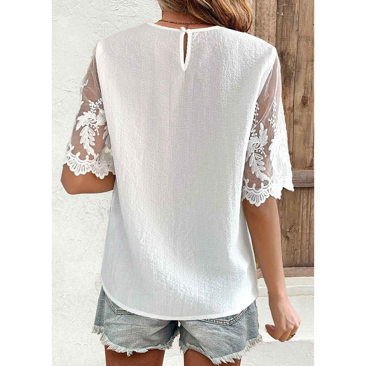 Chemisier Femme – Coupe Ample – Manches en Dentelle Transparente – Encolure en trou de serrure – Tissu Respirant